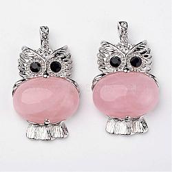 Natural Rose Quartz Pendants, Owl, with Brass Findings, Platinum, Lead Free & Nickel Free, 45x25x8mm, Hole: 4x6mm(G-G884-B03-FF)