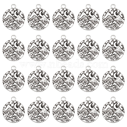 40Pcs Tibetan Style Alloy Pendants, Cadmium Free & Lead Free, Flat Round with Mountain, Antique Silver, 24.5x20.5x2mm, Hole: 2.2mm(FIND-UN0002-26)