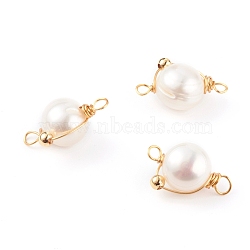 Natural Cultured Freshwater Pearl Pendants, with Brass Beads and Copper Wire, Round, Golden, 18~20x12~13x9~10mm, Hole: 1.5mm(X-PALLOY-JF00673-01)