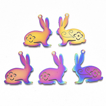 Easter Ion Plating(IP) 201 Stainless Steel Pendants, Etched Metal Embellishments, Rabbit, Rainbow Color, 30x25x0.3mm, Hole: 1.8mm