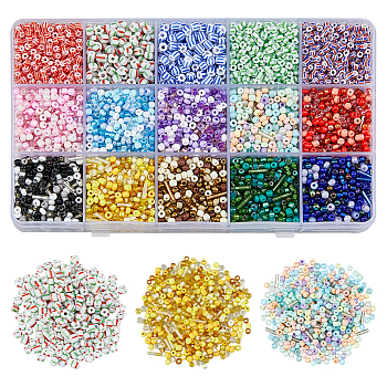 225g 15 Style Round & Tube Glass Seed Beads Sets, Opaque Colours Seep & Transparent & Ceylon & Inside Colours, Mixed Color, 1.5~9x1.5~3mm, Hole: 0.8~1mm, 15g/color