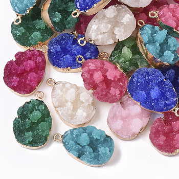 Druzy Resin Pendants, with Edge Light Gold Plated Iron Loops, Teardrop, Mixed Color, 29x17x12.5mm, Hole: 1.8mm