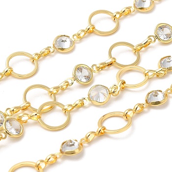 Rack Plating Brass Ring & Flat Round Link Chain, with Cubic Zirconia, Unwelded, Long-Lasting Plated, Lead Free & Cadmium Free, Real 18K Gold Plated, 13x7x3.5mm, 10x1mm