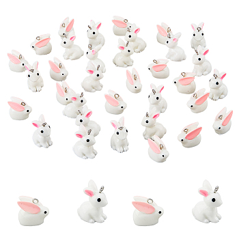 40Pcs 2 Styles Opaque Resin Pendants, Easter 3D Rabbit Charms with Platinum Tone Iron Loops, White, 16~24x13~19x11~19mm, Hole: 1.8~2mm, 20pcs/style