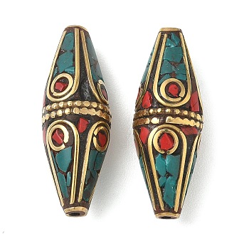 Handmade Tibetan Style Beads, Bicone, Brass Beads, with Synthetic Turquoise, Antique Golden, 39.5~40x14mm, Hole: 1.6mm