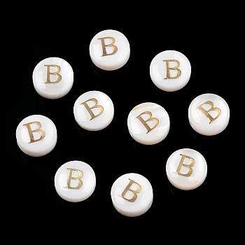 Natural Freshwater Shell Beads, with Golden Plated Brass Etched Metal Embellishments, Flat Round with Letter, Letter B, 7.5~8x4~5mm, Hole: 0.8mm