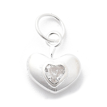 925 Sterling Silver Cubic Zirconia Pendants, Heart Charms, with Jump Ring, 925 Sterling Silver Plated, 9.5x8x3mm