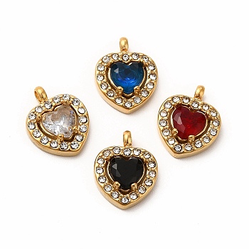 Vacuum Plating 304 Stainless Steel Cubic Zirconia Pendants, with Rhinestone, Heart Charms, Mixed Color, 12.5x10x3.5mm, Hole: 1.8mm