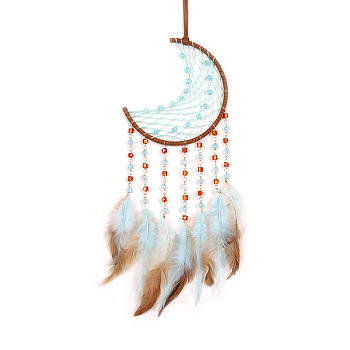 Woven Net/Web with Feather Pendant Decorations, Beaded Hanging Ornaments, Moon, Sky Blue, 500x160mm