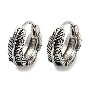 316 Surgical Stainless Steel Hoop Earrings, Feather, Antique Silver, 14x3.5mm