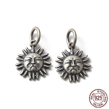 Thailand 925 Sterling Silver Charms, with Jump Rings, Sun, with S925 Stamp, Antique Silver, 13x11x2mm, Hole: 4mm