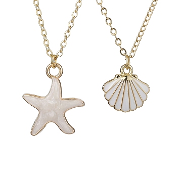 2Pcs Alloy Enamel Shell & Starfish Pendants Necklaces, Brass Cable Chains Necklaces for Women, Real 18K Gold Plated, 16.54 inch~17.72 inch(42~45cm)