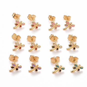 304 Stainless Steel Enamel Stud Earrings, with 316 Stainless Steel Pin, Dragonfly, Mixed Color, 8x8mm, Pin: 0.7mm