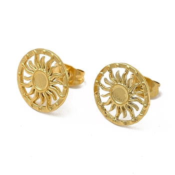 Ion Plating(IP) 304 Stainless Steel Stud Earring Cabochon Settings, Flat Round with Sun, Real 18K Gold Plated, Tray: 3mm, 12mm, Pin: 0.8mm