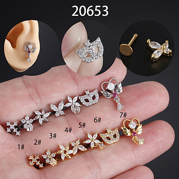 Stainless Steel Micro Pave Clear Cubic Zirconia Threadless Labrets, Flower, Stainless Steel Color, 8mm, Pin: 1.2mm