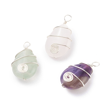 3Pcs 3 Styles Natural Gemstone Pendants, Natural Green Aventurine & Rose Quartz & Amethyst, with Silver Tone Copper Wire Wrapped, Teardrop, 23~24x14x7.5mm, Hole: 2.5mm