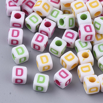 White Opaque Acrylic Beads, Horizontal Hole, Cube with Mixed Color Letter, Letter.D, 5x5x5mm, Hole: 2mm, about 5000pcs/500g