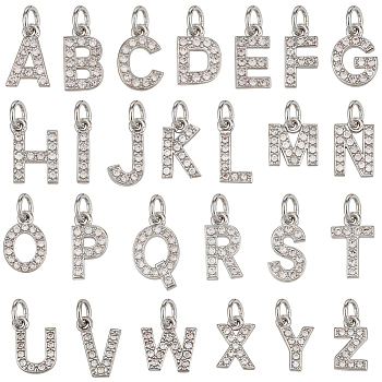 26Pcs 26 Styles Brass Micro Pave Grade AAA Cubic Zirconia Charms, Letter A, Cadmium Free & Nickel Free & Lead Free, Real Platinum Plated, 8~9x2~8x1.5mm, Hole: 2mm, 1pc/style