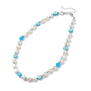 Natural Pearl Beaded Necklace, Handmade Flower Millefiori Glass Beads Necklace for Women, Silver, Deep Sky Blue, 15.94 inch(40.5cm)