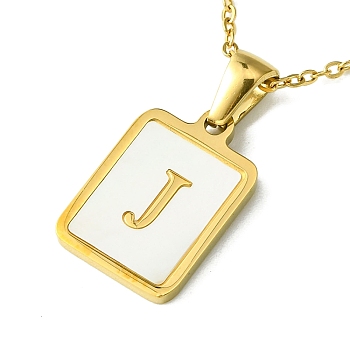 Ion Plating(IP) Rectangle with Initial Letter 304 Stainless Steel Pendant Necklace, white Shell, Real 18K Gold Plated, Letter J, 16.06 inch(40.8cm)