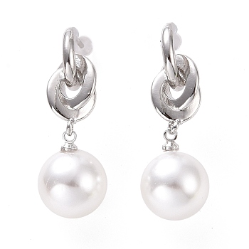 Plastic Pearl with Knot Dangle Stud Earrings, Brass Jewelry for Women, Cadmium Free & Lead Free, Platinum, 35.5mm, Pin: 0.9mm