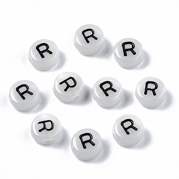 Acrylic Beads, with Enamel and Luminous, Horizontal Hole, Flat Round with Black Letter, Glow in the Dark, Light Grey, Letter.R, 7x3.5mm, Hole: 1.5mm, about 3600~3700pcs/500g