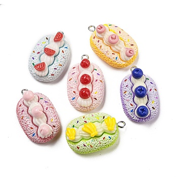 Imitation Food Opaque Resin Pendants, Fruit Cake Charms with Platinum Tone Iron Loops, Mixed Color, 31.5x20x13mm, Hole: 2mm