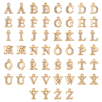 2 Sets Alloy Rhinestone Charms, Alphabet, Letter A~Z, Crystal, Light Gold, 12.5~13.5x5.5~12x2.5mm, Hole: 1.4mm, 26pcs/set