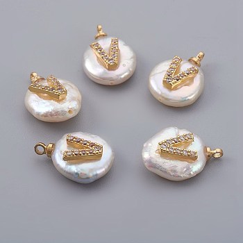 Natural Cultured Freshwater Pearl Pendants, with Micro Pave Cubic Zirconia, Brass Findings, Long-Lasting Plated, Letter, Real 18K Gold Plated, Letter.V, 14~28x9~16x5~9mm, Hole: 1.5mm