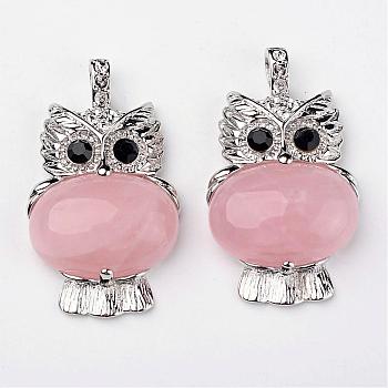 Natural Rose Quartz Pendants, Owl, with Brass Findings, Platinum, Lead Free & Nickel Free, 45x25x8mm, Hole: 4x6mm