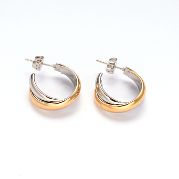 304 Stainless Steel Stud Earrings, Half Hoop Earrings, Hypoallergenic Earrings, Golden & Stainless Steel Color, 26x19x7mm, Pin: 0.8mm