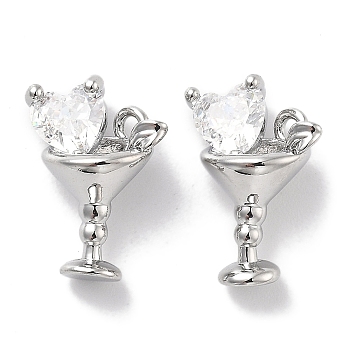 Brass Glass Charms, Faceted, Cocktail with Heart, Real Platinum Plated, 14x10x7mm, Hole: 1.2mm