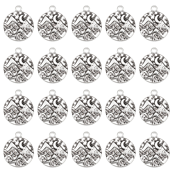 40Pcs Tibetan Style Alloy Pendants, Cadmium Free & Lead Free, Flat Round with Mountain, Antique Silver, 24.5x20.5x2mm, Hole: 2.2mm