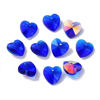 Electroplate Glass Charms, AB Color Plated, Faceted Heart, Medium Blue, 14x14x7mm, Hole: 1.6mm