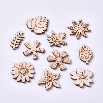 Wood Cabochons, Laser Cut Wood Shapes, DIY Decoration Accessories, Flower and Leaf, BurlyWood, 17~21x9~21x2mm