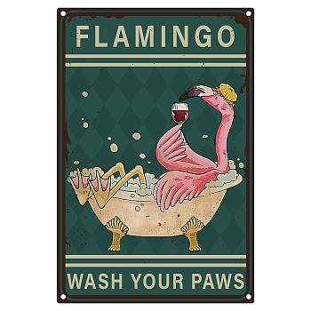 Iron Sign Posters, for Home Wall Decoration, Rectangle with Word Wash Your Paws, Flamingo Pattern, 300x200x0.5mm