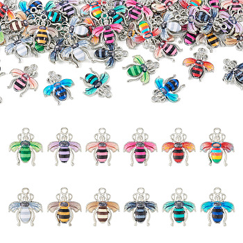 Pandahall 60Pcs 12 Colors Alloy Enamel Pendants, Bees Charm, Platinum, Mixed Color, 18x16x2.5mm, Hole: 1.6mm, 5pcs/color
