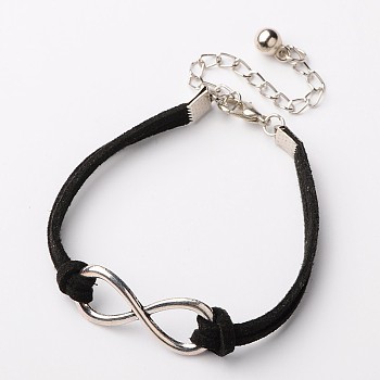 Tibetan Style Alloy Infinity Link Bracelets, Faux Suede Cord with Alloy Lobster Claw Clasps and Iron Chains, Platinum and Antique Silver, Black, 185x6mm