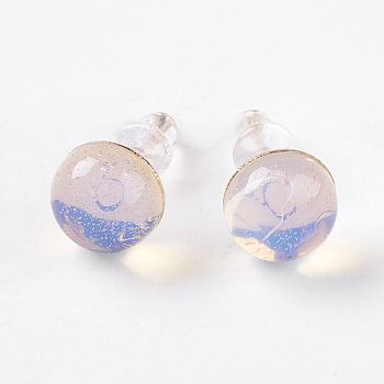 Opalite Ear Studs, with Iron Findings, Half Round, 8x4.5mm, Pin: 0.7mm