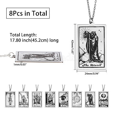 8pcs 8 style 201 collier pendentif carte de tarot en acier inoxydable avec 304 chaînes en acier inoxydable(NJEW-AB00023)-2