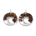 Natural Tiger Eye Big Pendants, with Platinum Brass Findings, Long-Lasting Plated, Lead Free & Cadmium Free, Flat Round with Tree, 62x49x6~13mm, Hole: 7x4mm(G-G910-K21-P)