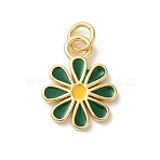 Rack Plating Brass Enamel Pendants, with Jump Ring, Long-Lasting Plated, Cadmium Free & Lead Free, Flower Charm, Real 18K Gold Plated, Dark Green, 15.5x11x1.2mm, Hole: 3mm(KK-Z056-47G-02)