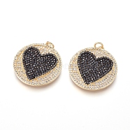 Brass Micro Pave Cubic Zirconia Pendants, with Jump Rings, Flat Round with Heart, Black & Clear, Golden, 27x25x2.5mm, Hole: 3mm(ZIRC-I032-45G)