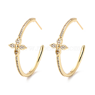 Cubic Zirconia Open Hoop Earrings for Girl Women, Sunflower Half Hoop Earrings, C-shape Brass Stud Earrings, Real 18K Gold Plated, 34x35x11mm, Pin: 0.7mm(X-ZIRC-Z018-25G)