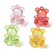 Electroplate Transparent UV Plating Acrylic Pendants, Iridescent, Bear with Bowknot Charms, Mixed Color, 34x24.5x18mm, Hole: 3mm(OACR-I014-14)