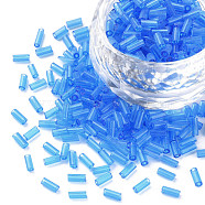 Transparent Glass Bugle Beads, Round Hole, Dodger Blue, 3~8x2mm, Hole: 0.7mm, about 450g/pound(SEED-N005-001-C10)