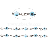 3.28 Feet Handmade Evil Eye Lampwork Round Beaded Chains, with Brass Findings, Unwelded, Long-Lasting Plated, Gunmetal, Light Sky Blue, 12.5x2.8x4x1.5mm, Beads: 4mm(X-CHC-G009-A-B03)