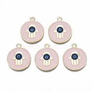 Alloy Enamel Pendants, Real 16K Gold Plated, Cadmium Free & Nickel Free & Lead Free, Flat Round with Hamsa Hand/Hand of Miriam and Evil Eye, Misty Rose, 24.5x21x2.5mm, Hole: 2mm(ENAM-Q441-003-NR)