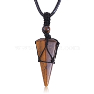 Natural Tiger Eye Cone Braided Pendant Necklace, Gemstone Wrapped Jewelry for Women, 31.18 inch~33 inch(79.2~84cm)(NJEW-SZ0001-59C)