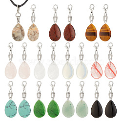 Gemstone Teardrop Pendant Decoration, with Alloy Lobster Claw Clasps, 48mm, 11 colors, 2pcs/color, 22pcs/set(HJEW-AB00408)